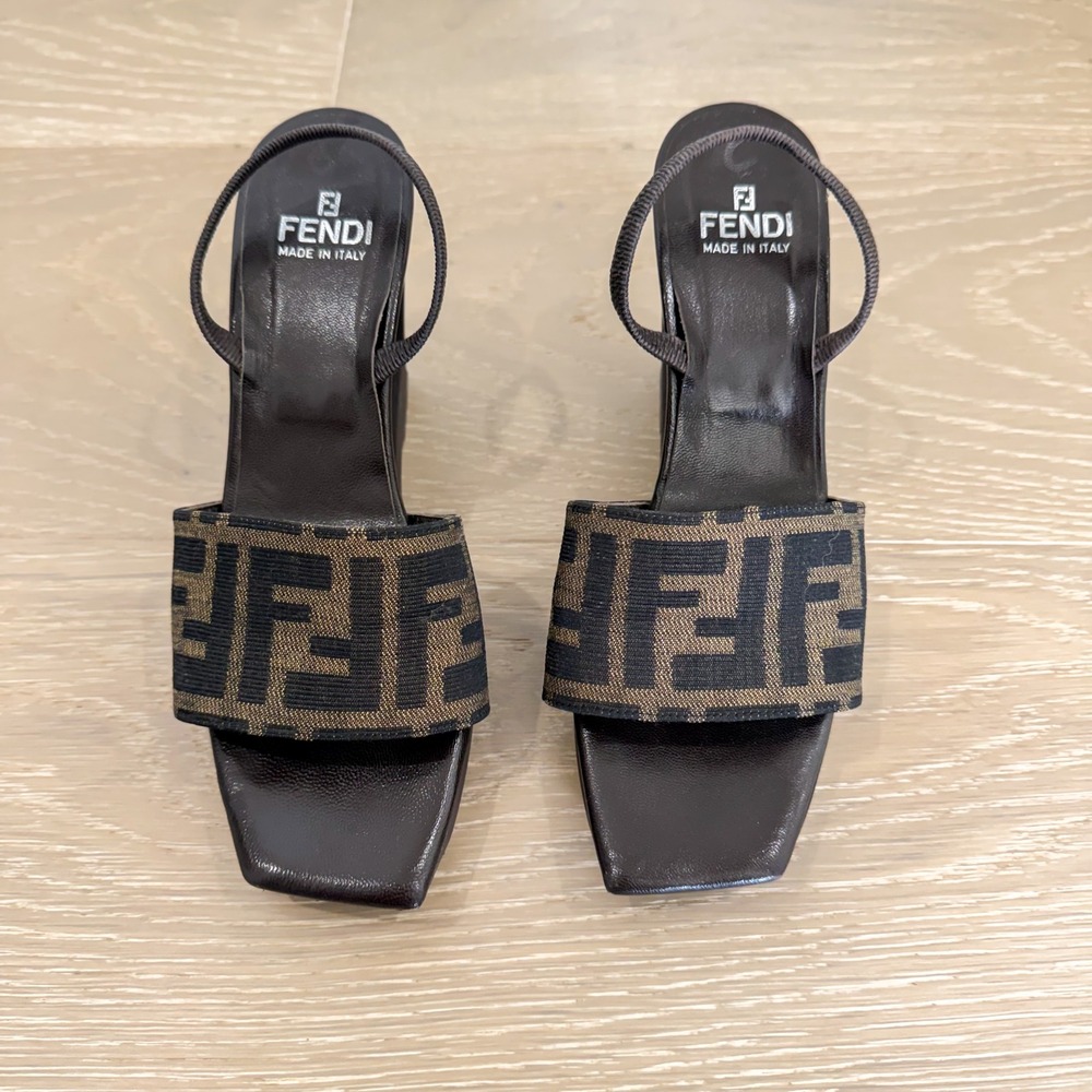 RARE 90s‎ Fendi Zucca FF Monogram Old Money Canvas Slingback Vintage Sandals 5.5